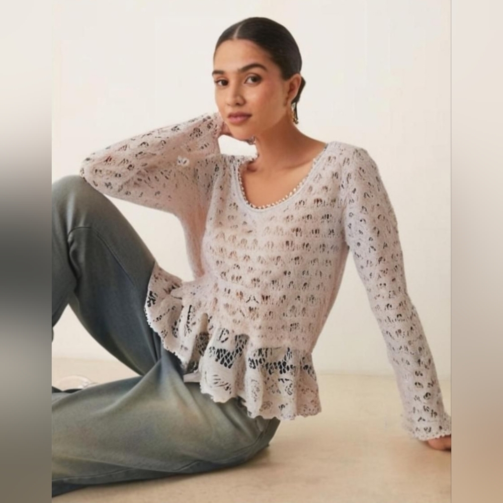 Free People Cream Crochet and Lace Peplum Top